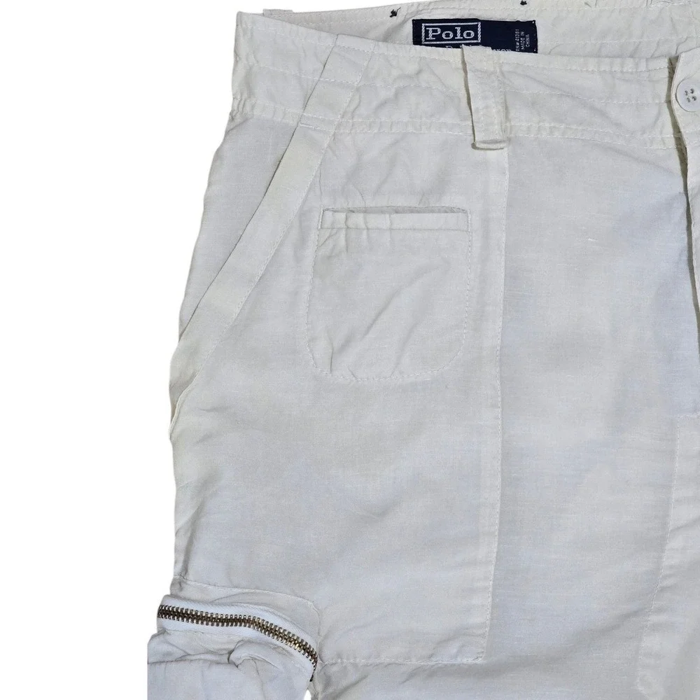 VTG Polo Ralph Lauren Linen Silk Parachute Utility Cargo Shorts Men's 36 Cream